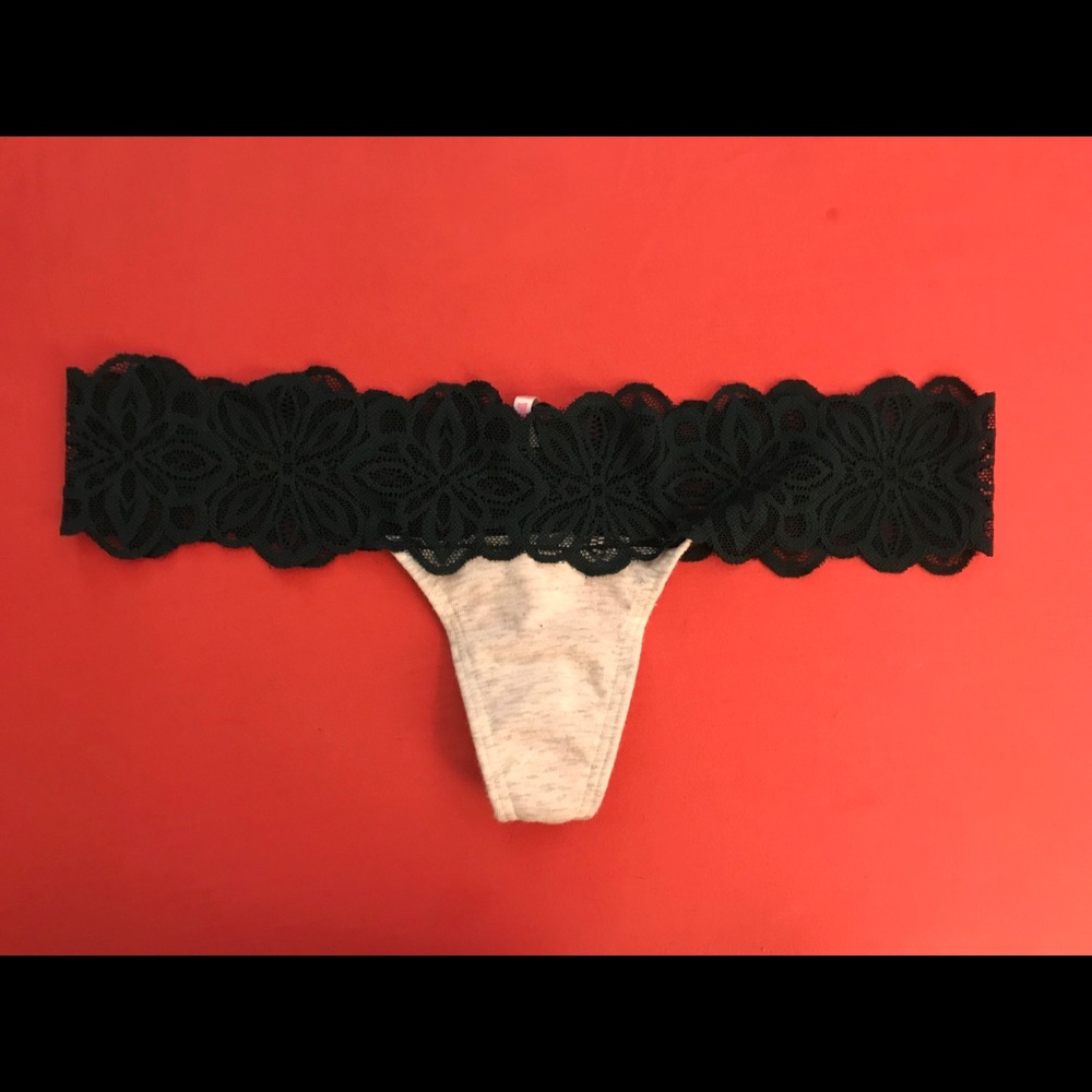 NWT✨PINK VS Dark Green Lace Trim Thong